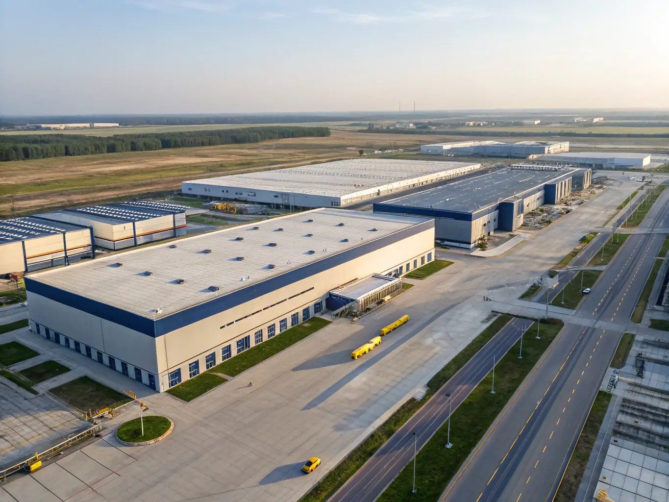 A completed industrial park showcasing the extensive full-fibre FTTP and data network infrastructure installed by JK PROPERTY LTD, enhancing connectivity for all tenants.