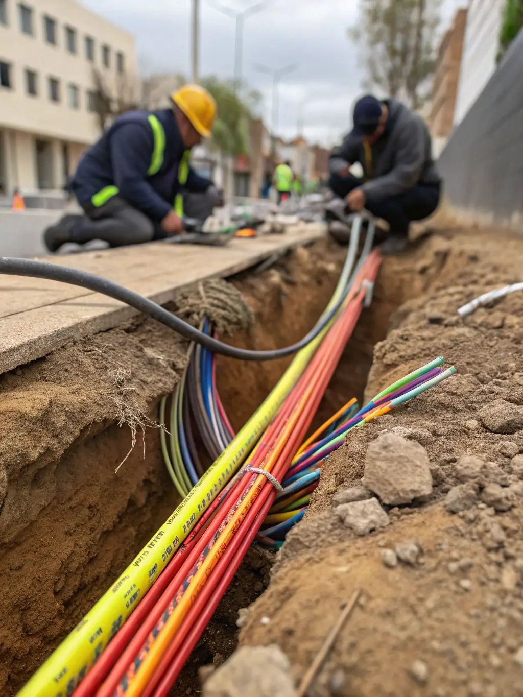 A construction site with workers installing fiber optic cables in the ground, showcasing the initial stages of FTTP network deployment.