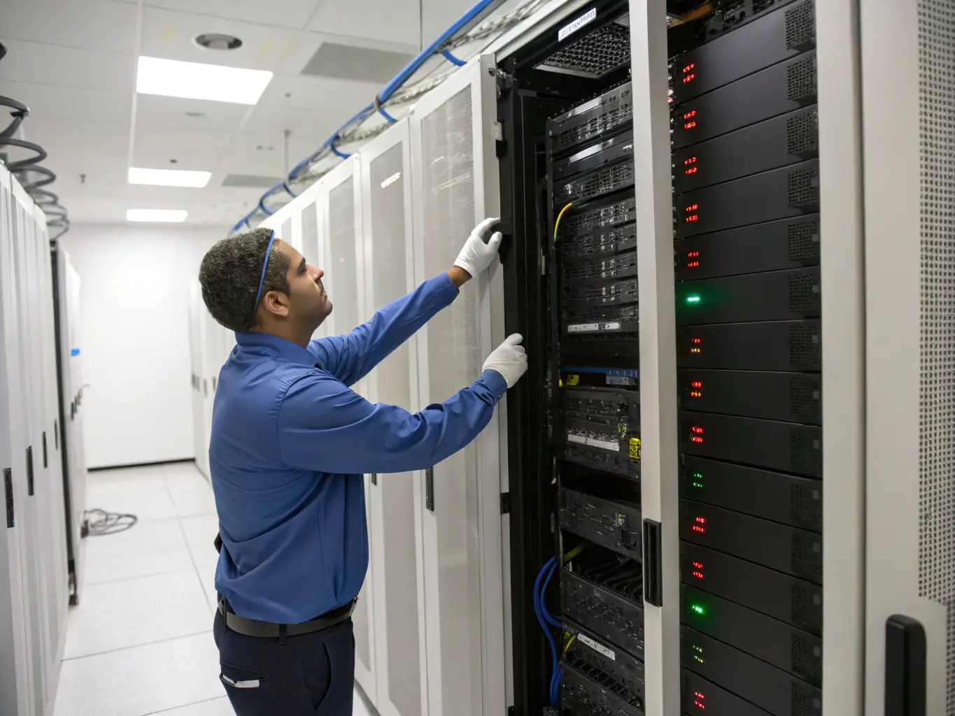 A network technician configuring data cabling in a modern office server room, highlighting the importance of secure and efficient data transmission in commercial environments.