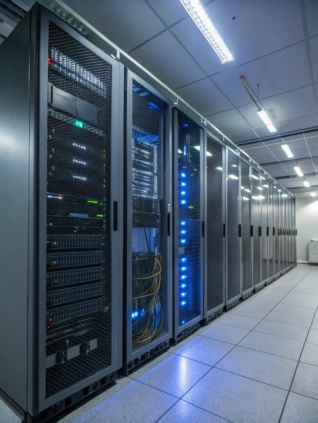 A server room with neatly arranged racks of network equipment, illustrating a reliable data network infrastructure.