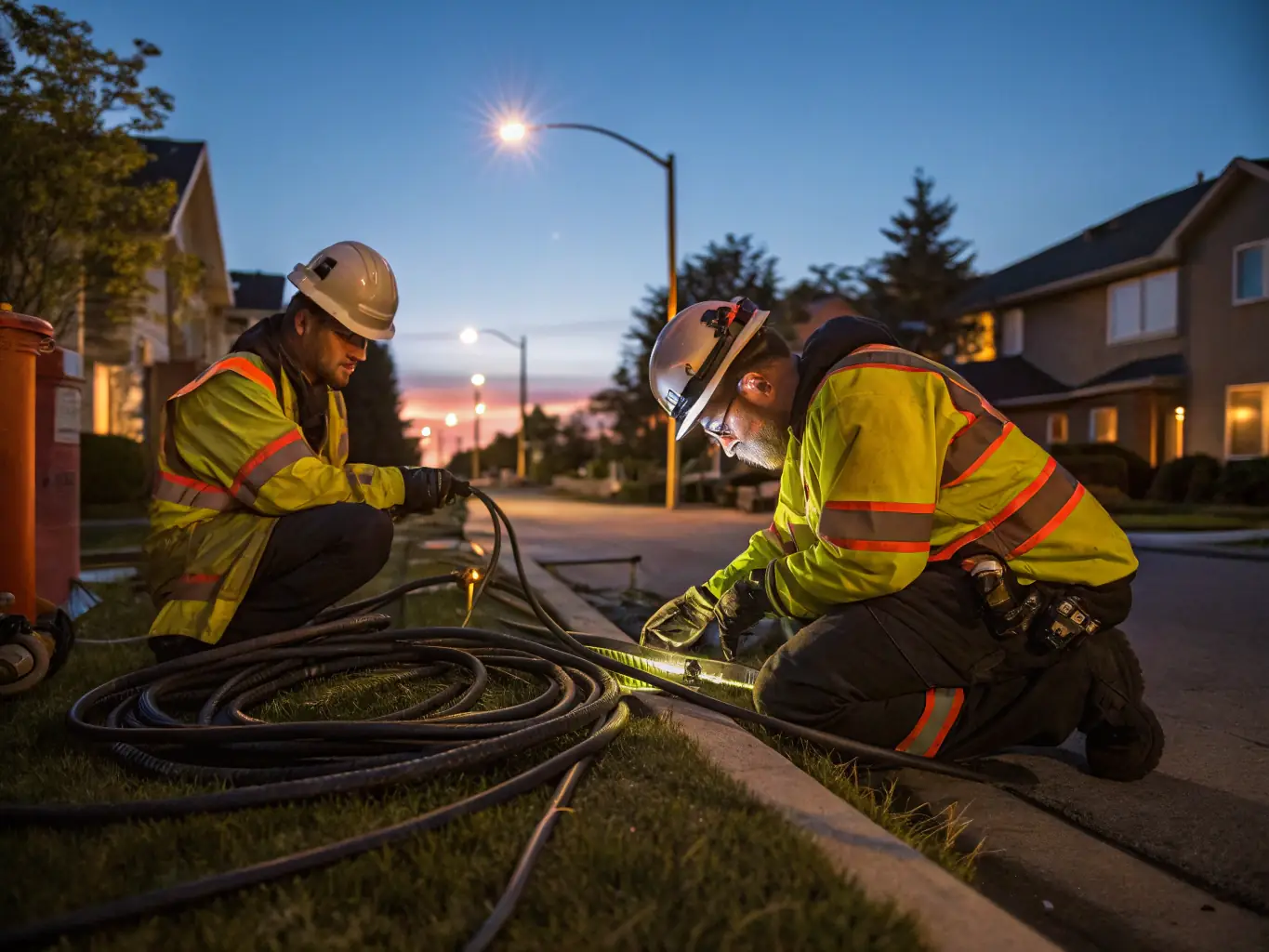 A team of technicians installing full-fibre FTTP cables in a newly constructed residential building, showcasing the integration of modern telecom infrastructure in new homes.