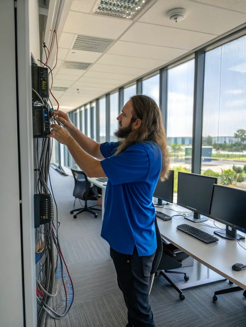 A technician configuring network settings in a commercial building, highlighting the adaptability of data network solutions.
